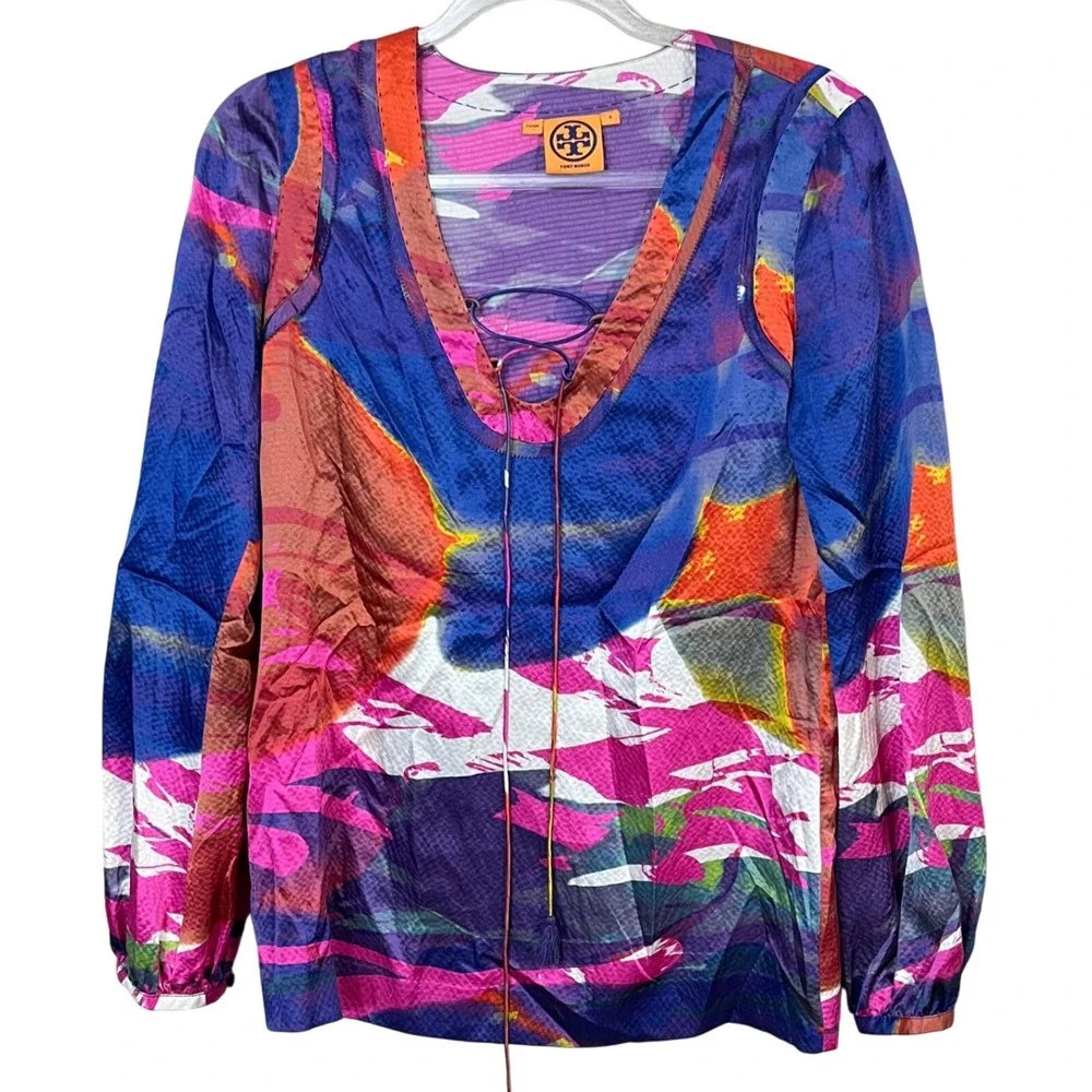Tory Burch Vibrant Watercolor Splash 100%‎ Silk Flowy Blouse Women's Size 4